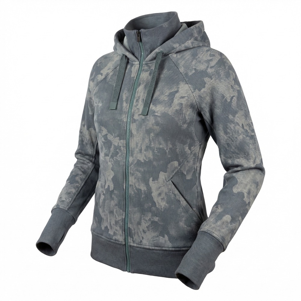 Athleta Triumph‎ Printed Hoodie XS Blue Gray Floral Camo Ribbed Full Zip Fleece